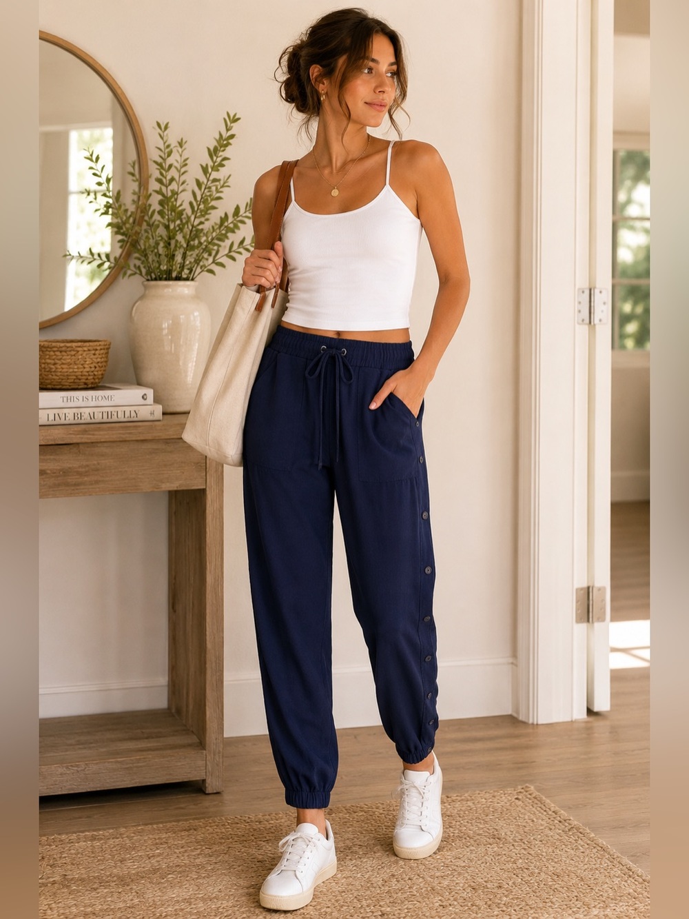 Doe & Rae Navy Button Side Jogger Pants | Casual Chic Pull On Trousers